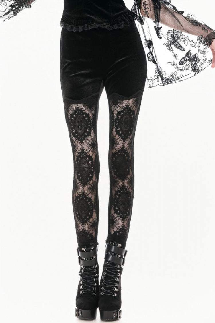 Black Women's Gothic Retro Embroidered Sheer Lace Patchwork Slim Leggings