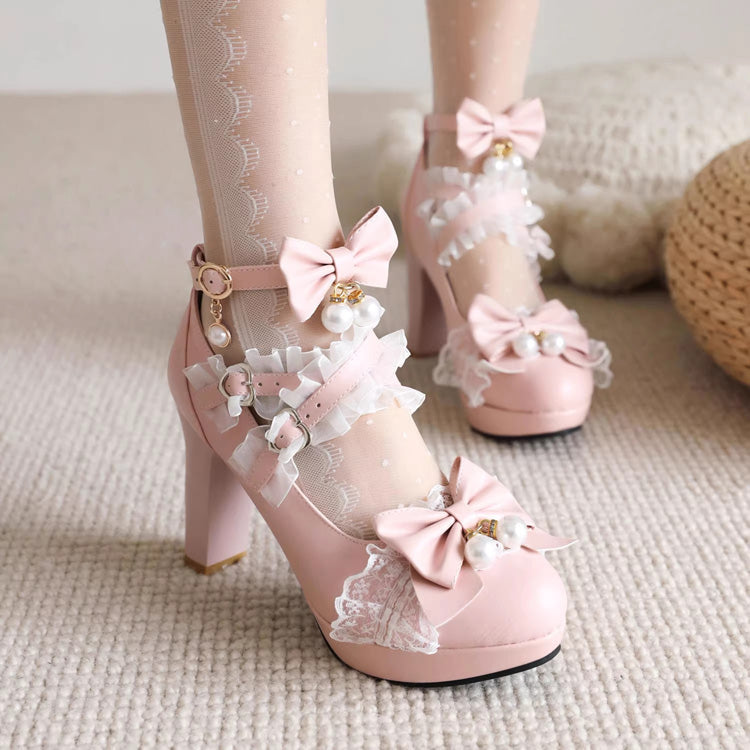 Sweet Ruffled Bow Lace Pearl-Decorated Lolita High Heels 6 Colors