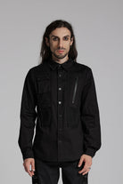 Black Lapel Collar Long Sleeves Zip Mesh Pocket Men's Punk Blouse