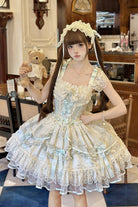 Light Green [Dreaming Butterfly] Multi-Layered Jacquard Ruffle Bowknot Lace Sweet Princess Lolita Jsk Dress