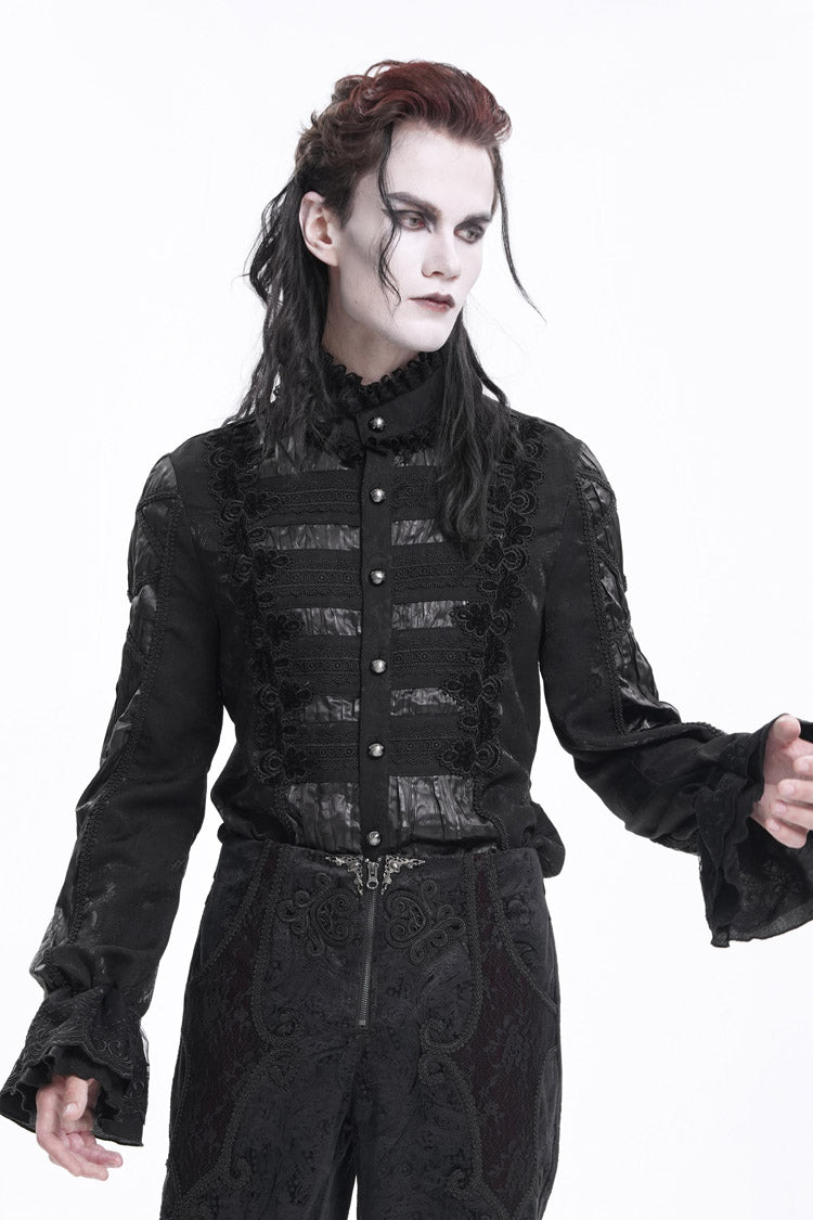 Black Stand Collar Long Sleeves Pleated Lace Crochet Men's Gothic Blouse