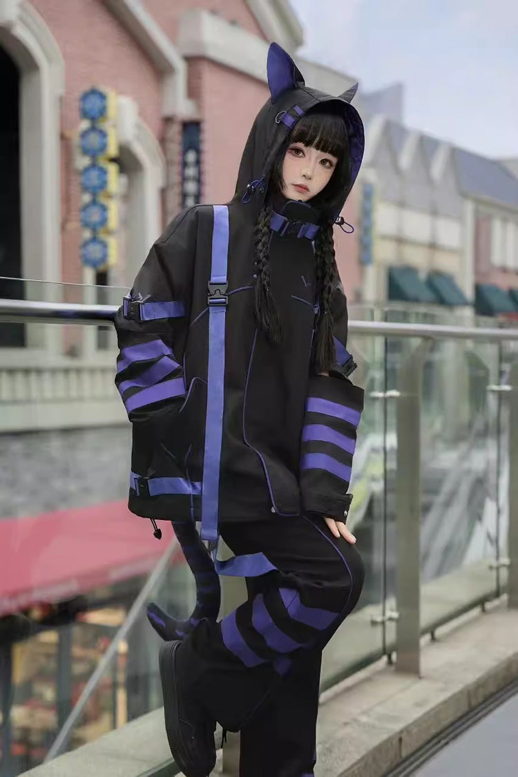 Blue/Black Long Sleeves Print Cat Ears Hooded Jirai Kei Handsome Coat