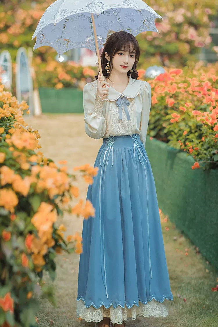 Blue Lapel Collar Long Sleeves High Waisted Lace-Up Wave Hem Classic Lolita Two-Piece Skirt Set
