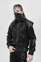 Black Faux Leather Stitching Buckle Zipper Straps Men's Punk Coat