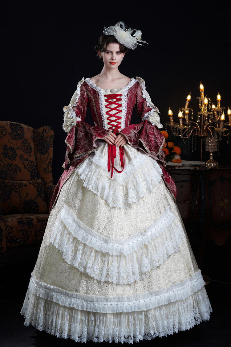 Wine/Ivory Long Hime Sleeves Lace-Up Classic Vintage Palace Lolita Victorian Dress