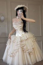 Ivory [The Summer Waves Sparkle] Square Collar Sleeveless Multi-Layered Ruffled Bow Lace-Up Slim Sweet Lolita Skirt Set