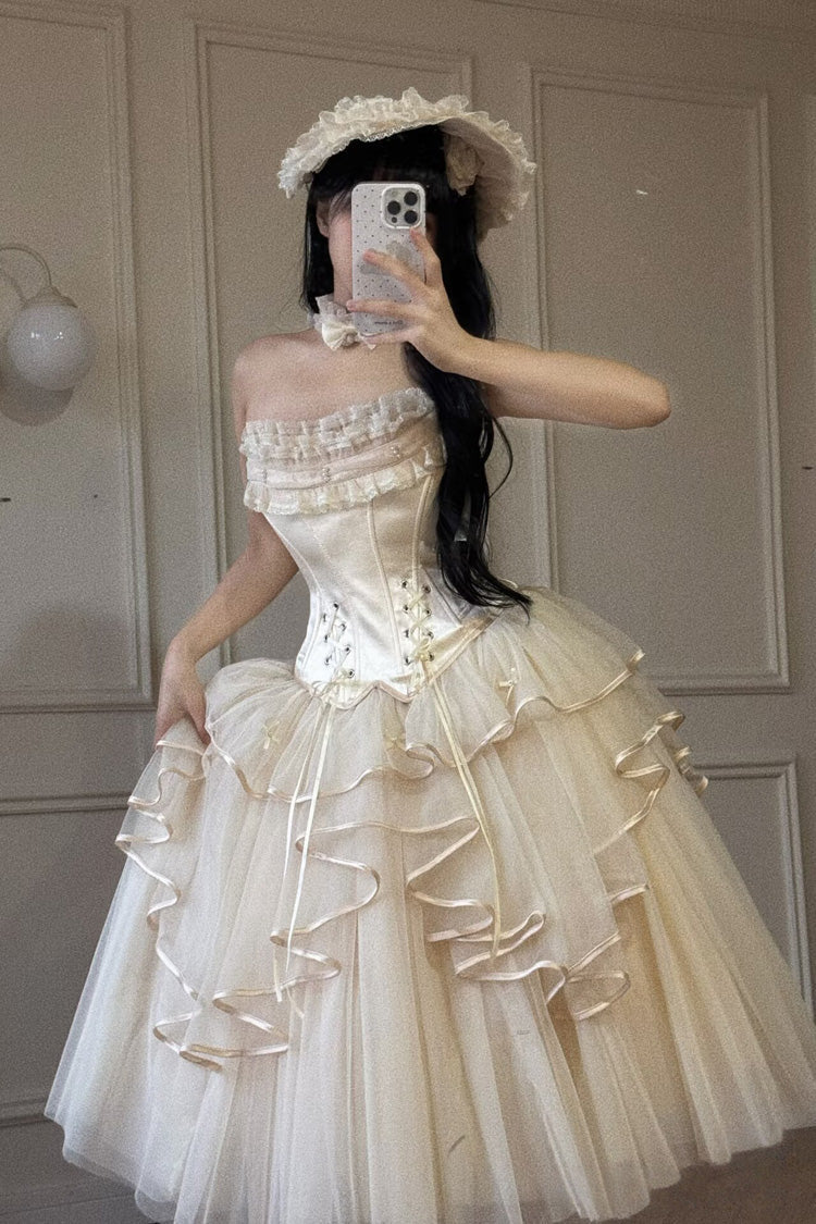 Ivory [The Summer Waves Sparkle] Square Collar Sleeveless Multi-Layered Ruffled Bow Lace-Up Slim Sweet Lolita Skirt Set