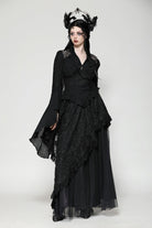 Black Ruffled V Collar Cross Ornament Long Trumpet Sleeves Pleated Women's Gothic Top