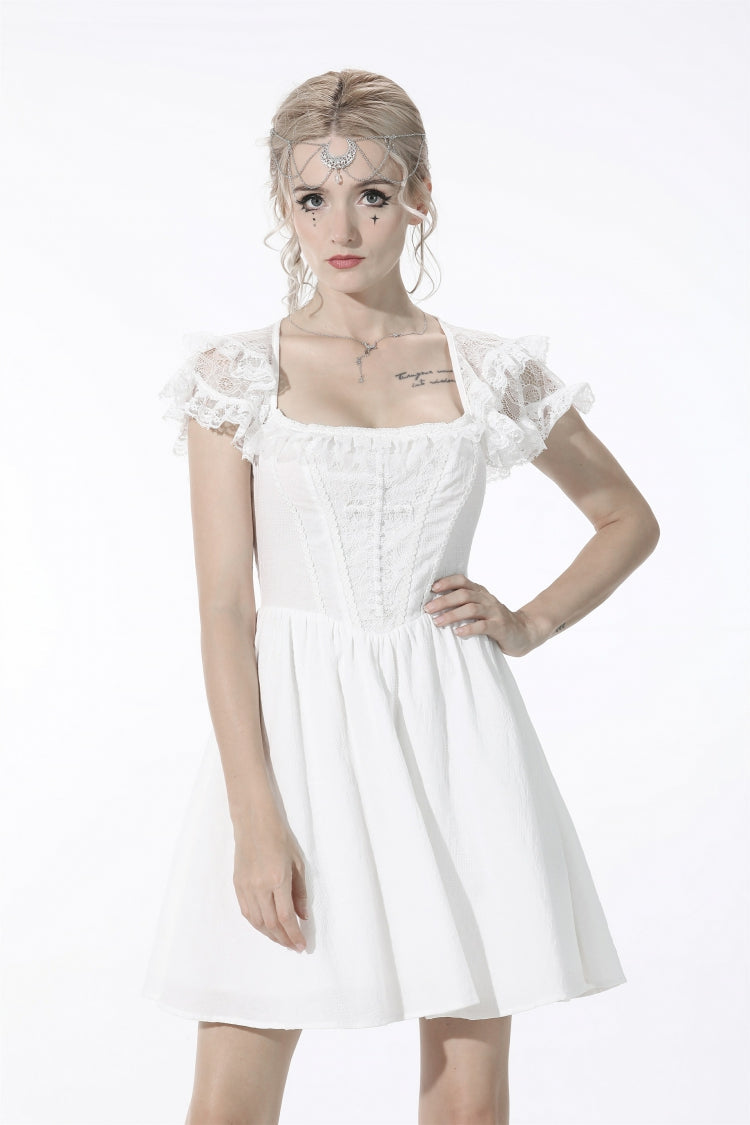 White Layered Lace Square Collar Strappy Women's Gothic Mini Graduation Dress