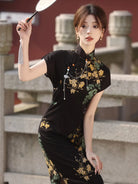 Dresses qipao black modern Chinese style with pearl cotton fabric