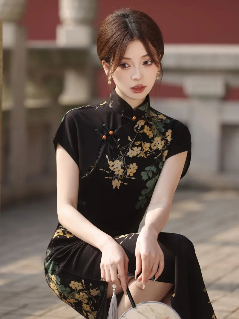 Dresses qipao black modern Chinese style with pearl cotton fabric