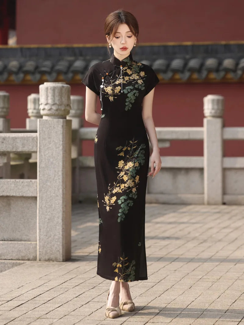 Dresses qipao black modern Chinese style with pearl cotton fabric