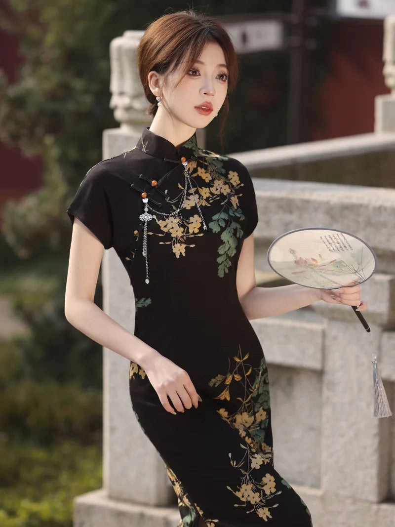 Dresses qipao black modern Chinese style with pearl cotton fabric
