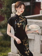 Dresses qipao black modern Chinese style with pearl cotton fabric