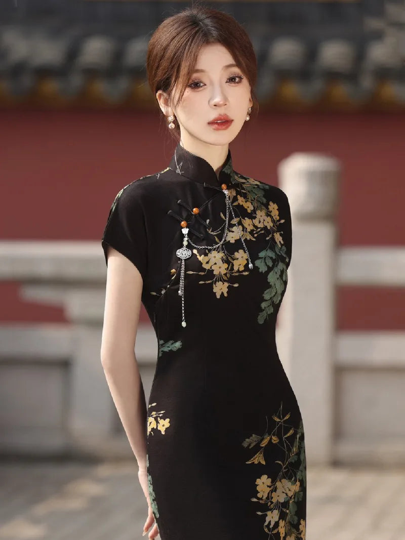 Dresses qipao black modern Chinese style with pearl cotton fabric
