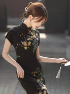 Dresses qipao black modern Chinese style with pearl cotton fabric