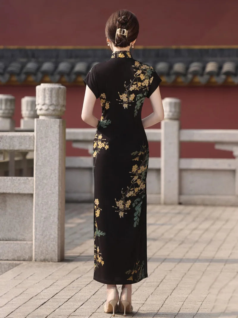 Dresses qipao black modern Chinese style with pearl cotton fabric