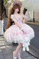 Pink [Cloudborne Snowfeather] Sleeveless Multi-Layered Hanayome Bowknot Pearl Gothic Lolita Jsk Dress