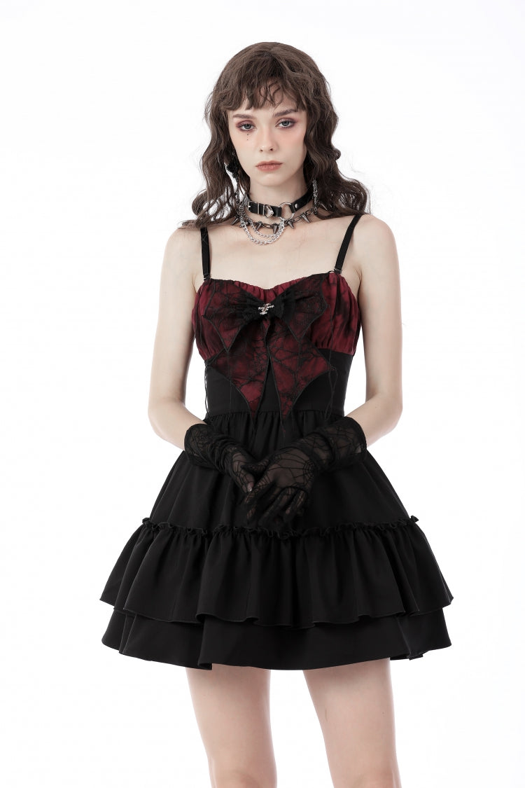 Black/Red Sleeveless Bowknot Lace-Up Double-Layered Frilly Women's Gothic Slip Graduation Dress