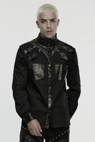 Black Stand Collar Long Sleeves Rivet Buckle Straps Eyelet Men's Punk Blouse