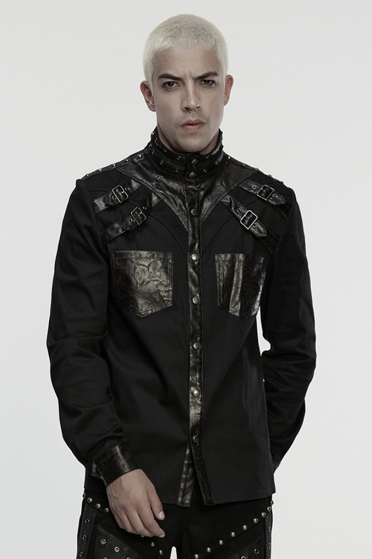 Black Stand Collar Long Sleeves Rivet Buckle Straps Eyelet Men's Punk Blouse