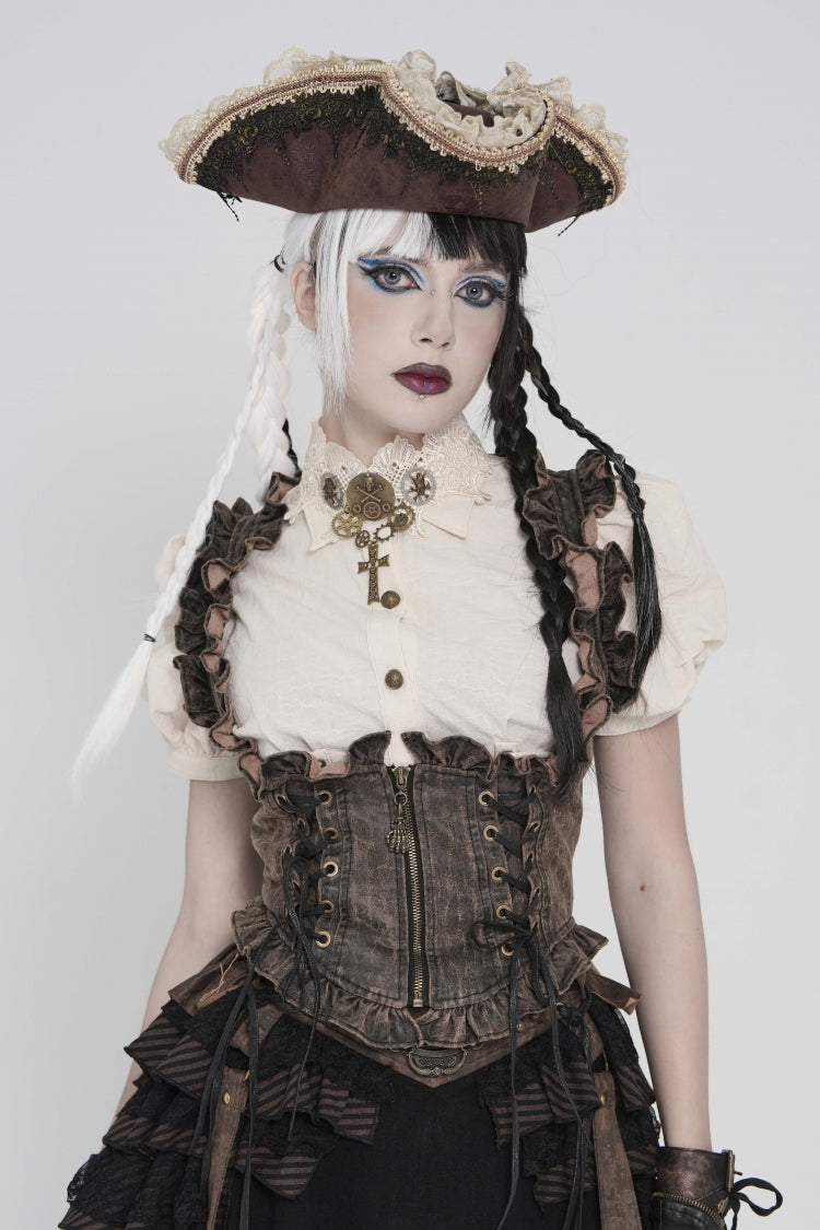 Bronze Bow Lace-Up Slim Zippered Women's Gothic Swallow-tailed Vest