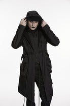 Black Stand Collar Long Sleeves Hooded Faux Two-Piece Zippered Men's Punk Big Pockets Strappy Jacket