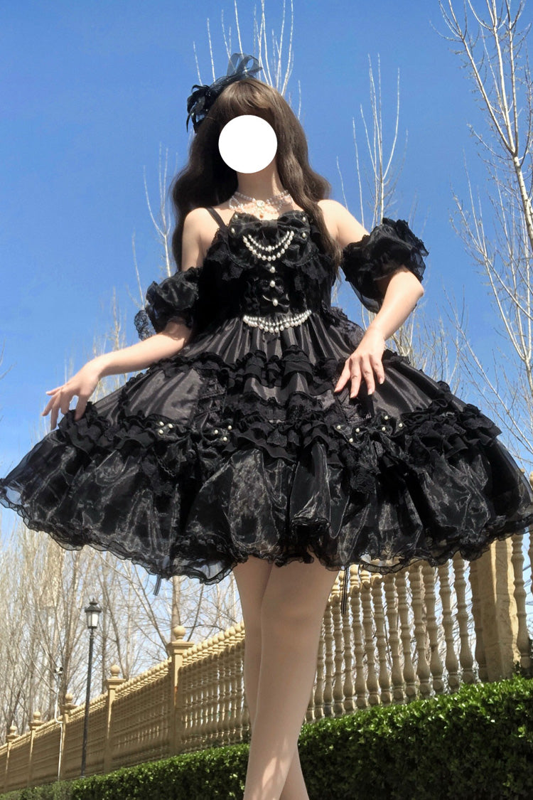 Black [Spring Cherry Snowfall] Off Shoulder Short Sleeves Multi-Layered Ruffled Bow Gothic Lolita Jsk Dress