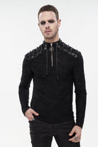 Black Punk High Collar Long Sleeve Stitched Metal Lace-Up Pentagram Hollow Texture Design Men's T-Shirt