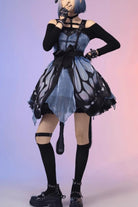 Black/Blue Butterfly Effect Sleeveless Print Bowknot Version Gothic Punk Lolita Dress