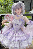 Purple [Prelude of Spring Cherry] Square Collar Sleeveless Multi-Layered Jacquard Ruffled Bow Lace Pearl-Decorated Sweet Lolita Jsk Dress