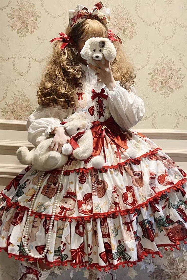 Red/White [Christmas Bear] Print Triple-Layered Ruffle Bowknot Sweet Princess Lolita Jsk Dress
