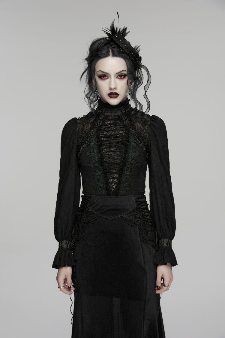 Black Stand Collar Long Sleeves Lace Lace-Up Slim Women's Gothic Blouse