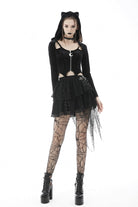 Black Long Sleeves Irregular Moon-shaped Zipper Women's Punk Crop Top with Cat's Ears Hood