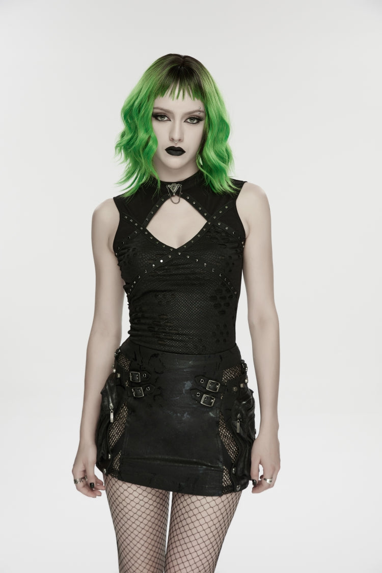 Black Sleeveless Cut-Out Ripped Studded Zippered Women's Punk Cool Vest