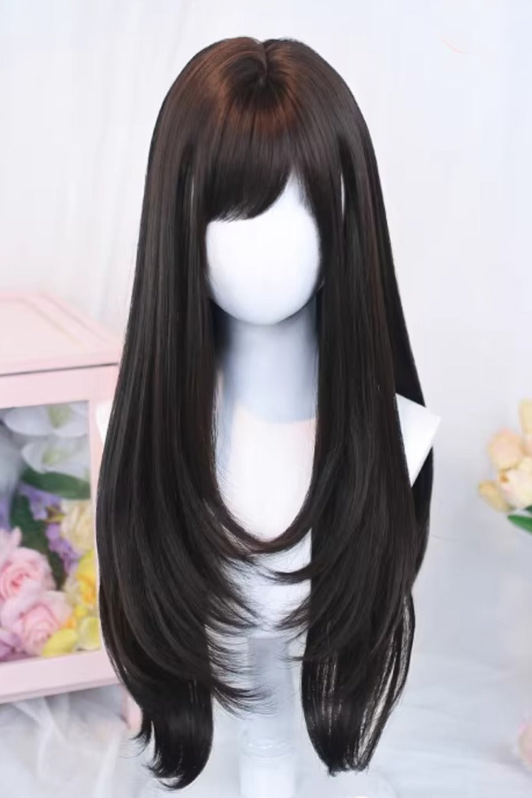 Black Tea Brown Side-Swept Bangs Long Straight Sweet Japanese Lolita Wig