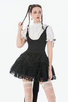 Black/White Short Puff Sleeves Lace Ruffled Stand Collar Women's Gothic Royal Blouse