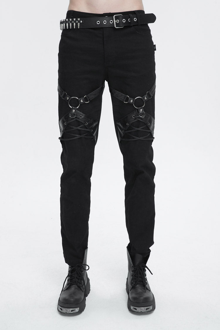 Black Thigh Position Buckle Splice Men's Punk Pants