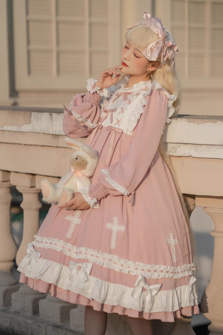 Pink [Cross Wish Dream] Long Sleeves Bowknot Lace-Up Sweet Lolita Tiered Dress