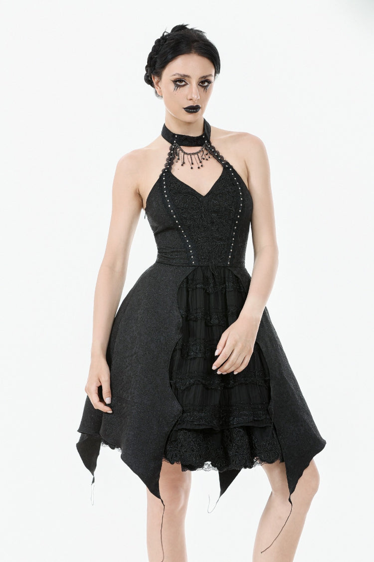 Black Off Shoulder Halterneck Sleeveless Lace Lace-Up Women's Gothic Party Dress