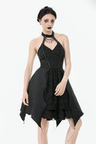Black Off Shoulder Halterneck Sleeveless Lace Lace-Up Women's Gothic Party Dress