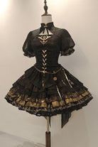 Black [Chimera Dream Gilded] Short Sleeves Multi-Layered Printed Ruffled Lace-Up Gothic Chinese Style Lolita Dress