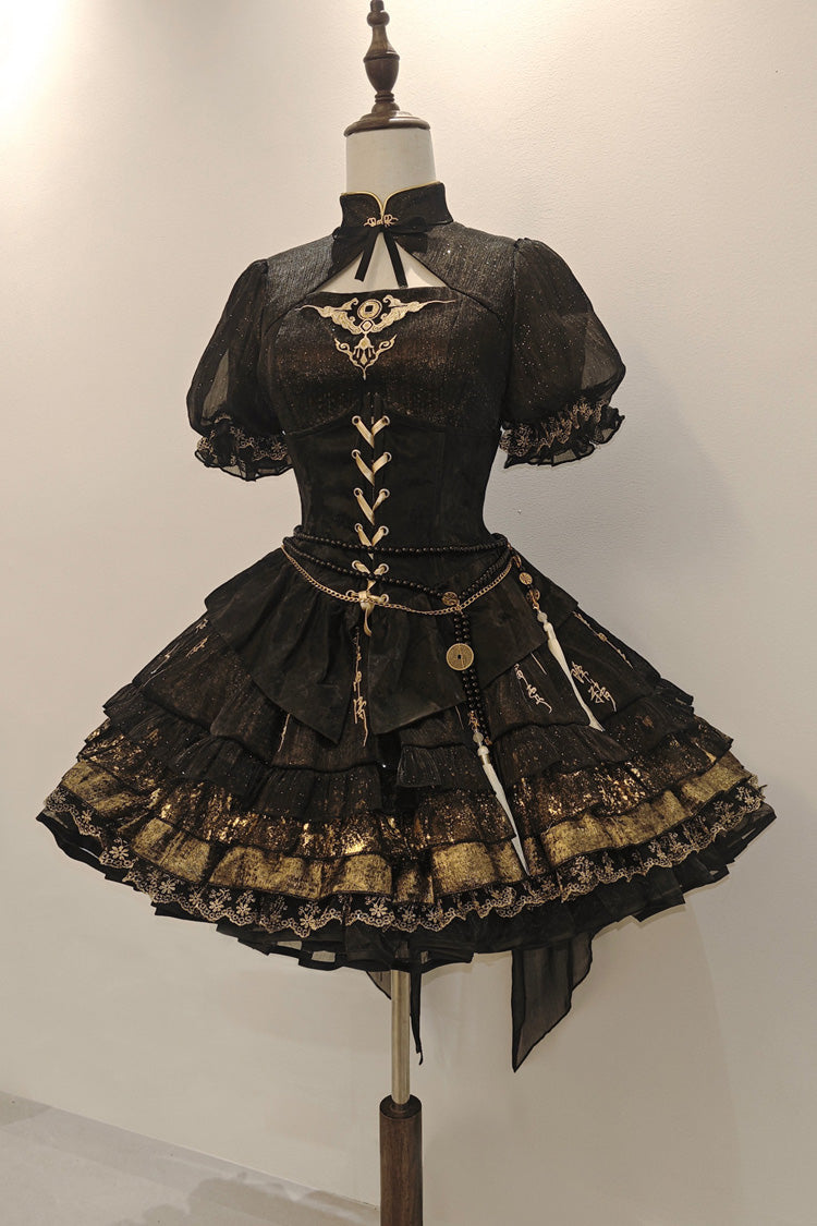 Black [Chimera Dream Gilded] Short Sleeves Multi-Layered Printed Ruffled Lace-Up Gothic Chinese Style Lolita Dress