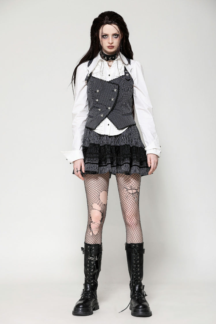 Black/White Striped Buckled Women's Gothic College Style Vest