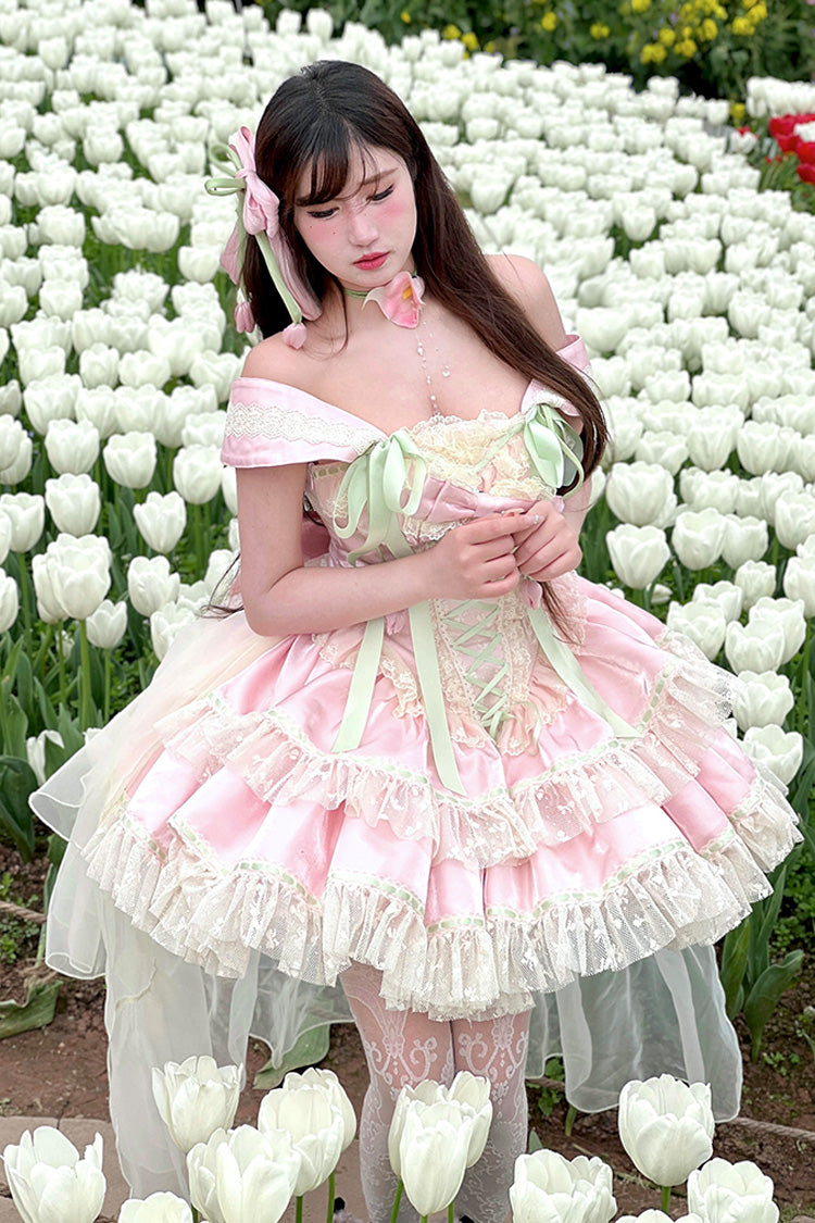 Pink [Tulip Love Song] Boat Neck Double-Layered Ruffle Bowknot Lace Lace-Up Romantic Sweet Princess Lolita Dress