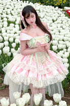Pink [Tulip Love Song] Boat Neck Double-Layered Ruffle Bowknot Lace Lace-Up Romantic Sweet Princess Lolita Dress
