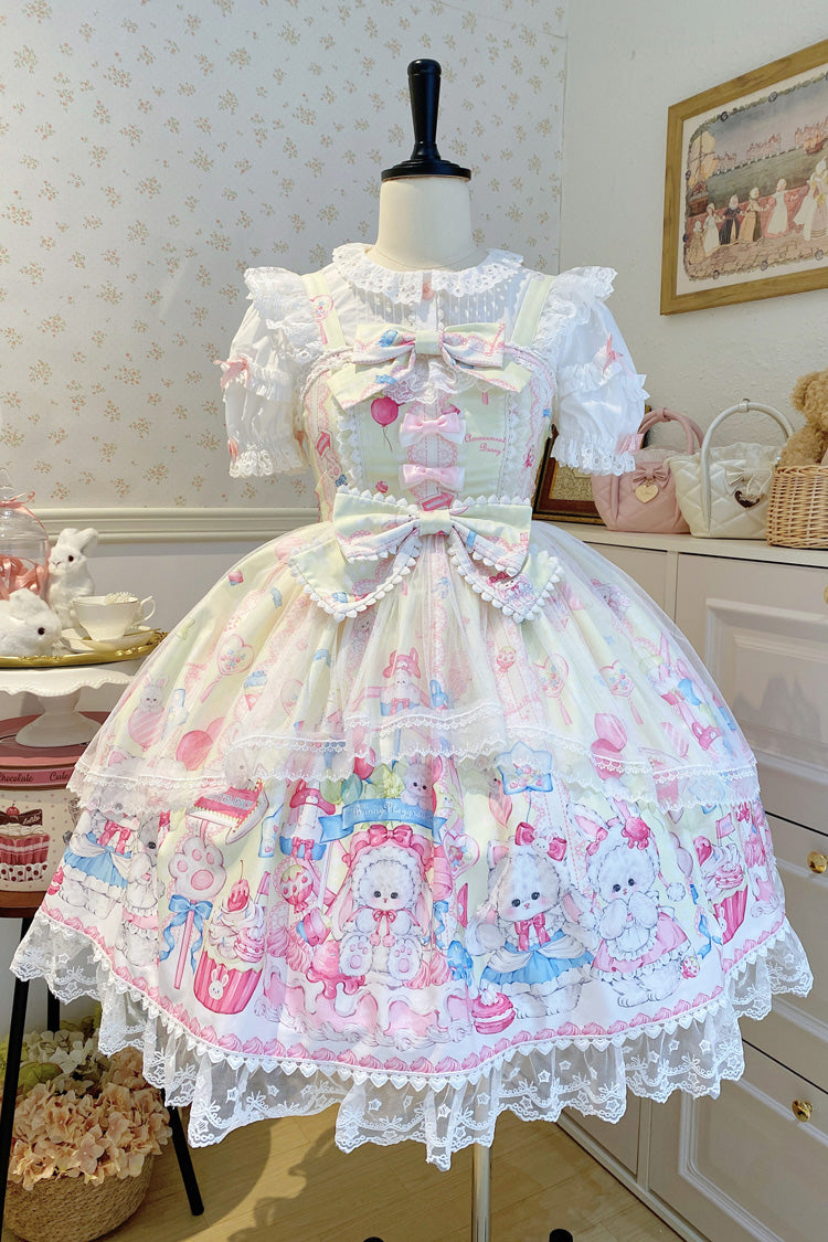 Yellow [Cute Rabbit Sweet Cake] Print Ruffle Bowknot Lace Sweet Lolita Jsk Dress