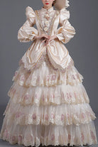 Champagne Lantern Sleeves High Waisted Three Dimensional Flower Print Victorian Lolita Prom Tiered Dress