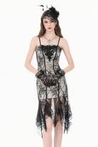 Black/White Lace Floral Embroidered Lace-Up Asymmetric Hem Women's Gothic Slip Dress