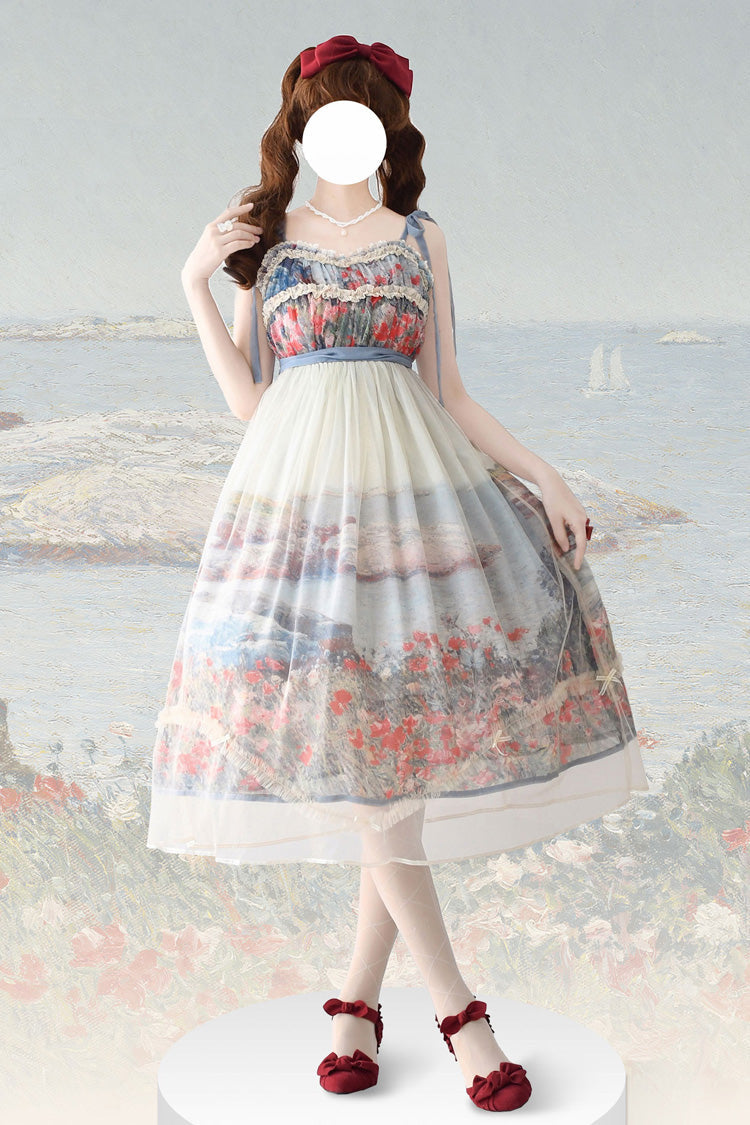 Multi-Color [Oil Painting â€?Island Garden] Sleeveless Print Ruffle Bowknot Lace Sweet Lolita Jsk Dress